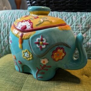 Cost Plus World Market Teal Colorful Ceramic Elephant Cookie Jar